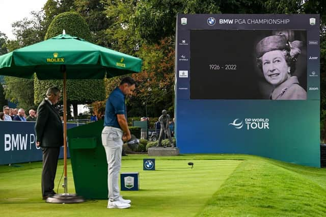 A two-minute silence in memory of Her Majesty, Queen Elizabeth II is observed at Wentworth after the resumption of the BMW PGA Championship. Picture: Octavio Passos/Getty Images.