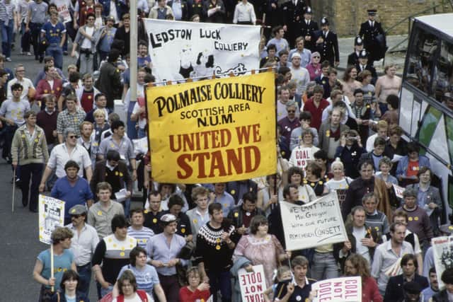 Striking miners, including some from Polmaise Colliery near Stirling and Ledston Luck Colliery in Yorkshire, march through London toward parliament in 1984 (Picture: Fox Photos/Hulton Archive/Getty Images).