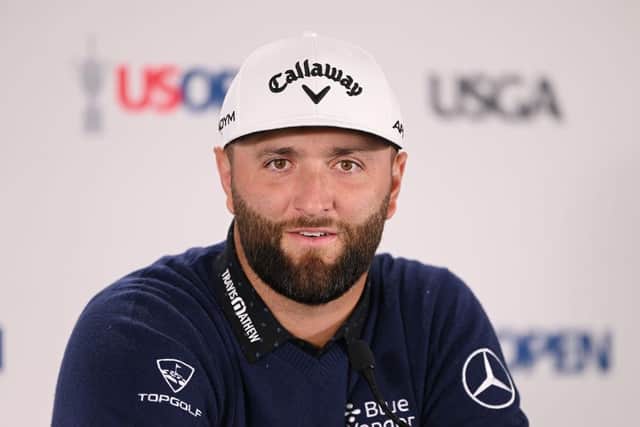 Jon Rahm speaks during a press conference prior to the 123rd US Open at The Los Angeles Country Club. Picture: Ross Kinnaird/Getty Images.