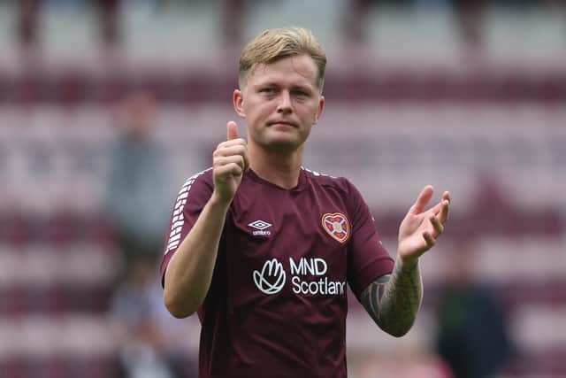Hearts' Frankie Kent acknowledges the support following the pre-season friendly against Leeds United at Tynecastle. Photo by Ross MacDonald / SNS Group