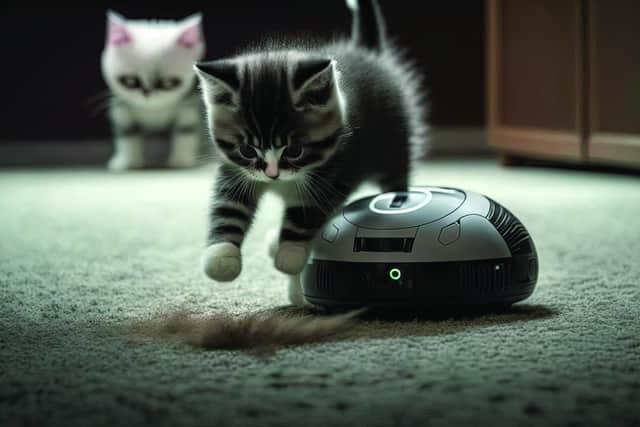 AI tech is a fixture in most homes these days, as this AI-generated image of a robot vacuum and startled domestic pet demonstrates. Image: Adobe Stock