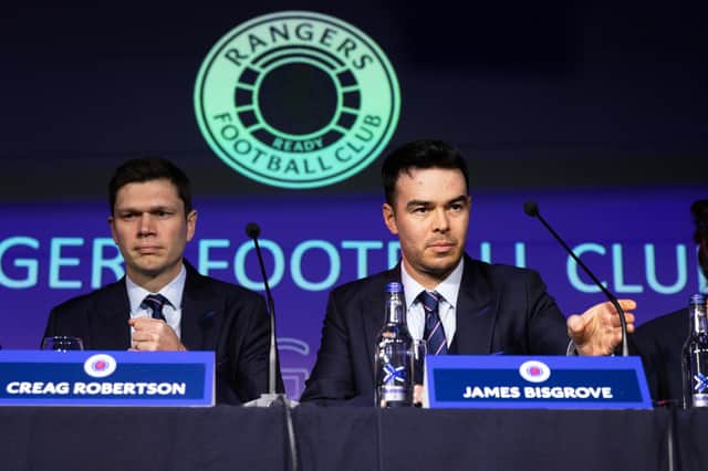 Rangers chief executive officer James Bisgrove (right) alongside director of football operations Creag Robertson during the 2023 Rangers AGM at New Edimiston House. (Photo by Craig Williamson / SNS Group)