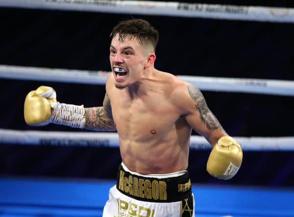 Lee McGregor celebrates after his first-round victory over Karim Guerfi in their European Bantamweight Title fight in Bolton Stadium. Picture: Alex Livesey/Getty Images