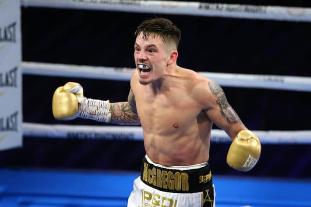 Lee McGregor celebrates after his first-round victory over Karim Guerfi in their European Bantamweight Title fight in Bolton Stadium. Picture: Alex Livesey/Getty Images