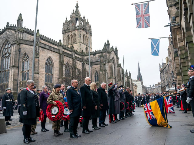 Lord Provost Robert Aldridge, First Minister John Swinney and Presiding Officer of the Scottish Parliament Alison Johnstone, along with other dignitaries, during the Remembrance Sunday ceremony at the Stone of Remembrance outside the City Chambers in Edinburgh.
