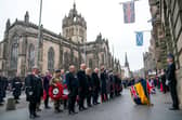 Lord Provost Robert Aldridge, First Minister John Swinney and Presiding Officer of the Scottish Parliament Alison Johnstone, along with other dignitaries, during the Remembrance Sunday ceremony at the Stone of Remembrance outside the City Chambers in Edinburgh.