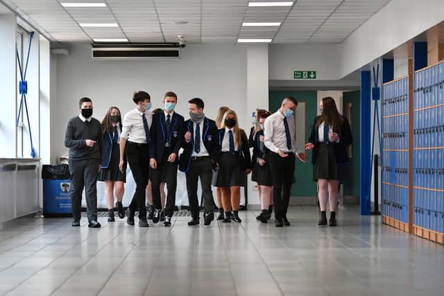 Pupils wearing face coverings today at Holyrood Secondary School. Picture: John Devlin