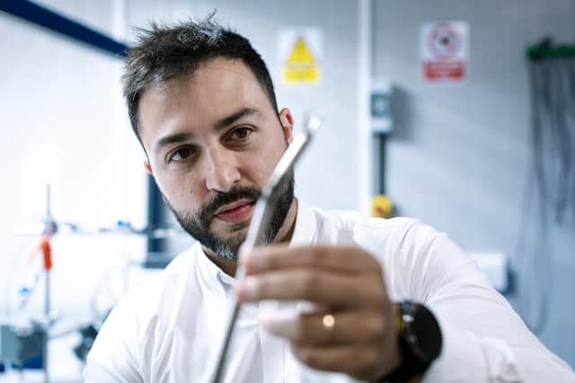 Dr Nico Fenu, co-founder and chief operating officer, with Nami Surgical's ultrasonic scalpel for robotic-assisted surgery. Picture by Andrew Cawley courtesy of the Scottish National Investment Bank