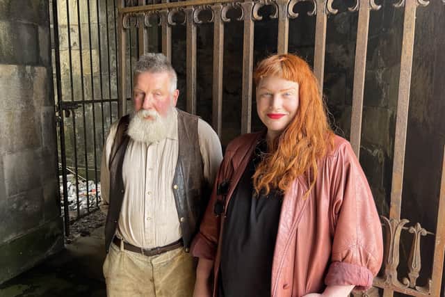 Blacksmith Colin Thomasson and Hidden Door festival manager Hazel Johnson at the revived main entrance to the old Royal High School on Calton Hill.