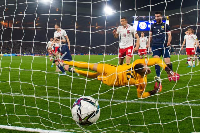 Kieran Tierney's header nestles in the Polish net to put Scotland 1-0 up at Hampden. (Photo by Alan Harvey / SNS Group)