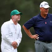 Sandy Lyle of Scotland talks with his caddie on his eventful first hole during the opening  round of the 2023 Masters. Picture: Andrew Redington/Getty Images.
