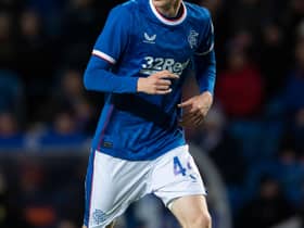 GLASGOW, SCOTLAND - DECEMBER 28: Adam Devine in action for Rangers during a cinch Premiership match between Rangers and Motherwell at Ibrox Stadium, on December 28, 2022, in Glasgow, Scotland. (Photo by Craig Foy / SNS Group)