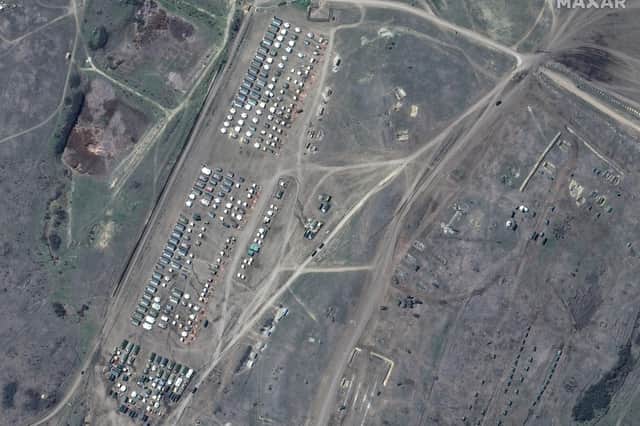 Russian troop tents on the Black Sea coast of Crimea (Picture: satellite image ©2021 Maxar Technologies via AP)
