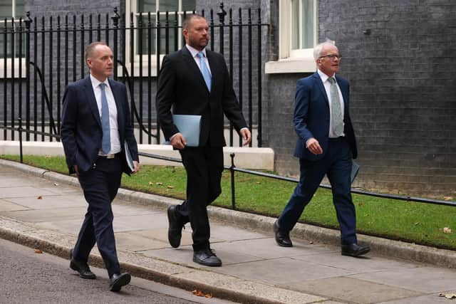 From left, Chair of the OBR, Office For Budget Responsibility, Richard Hughes, member of the Budget Responsibility Committee, Andy King and Professor David Miles CBE, member of the Budget Responsibility Committee at Downing Street