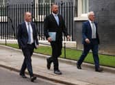 From left, Chair of the OBR, Office For Budget Responsibility, Richard Hughes, member of the Budget Responsibility Committee, Andy King and Professor David Miles CBE, member of the Budget Responsibility Committee at Downing Street