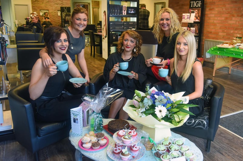 Anna Campbell (2nd right) and staff from her salon in York Road, were holding a coffee morning in aid of Macmillan in 2015. Pictured with Anna were l-r Danielle Pennick, Nicola Moreland, Kayliegh Brackstone, and Abbie Smith.