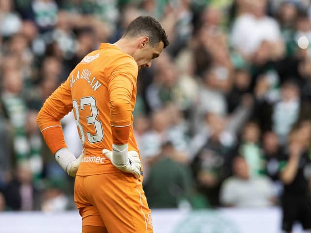 Rangers goalkeeper Jon McLaughlin bows his head after his error leads to a fourth goal for Celtic during Saturday's 4-0 defeat.  (Photo by Craig Williamson / SNS Group)