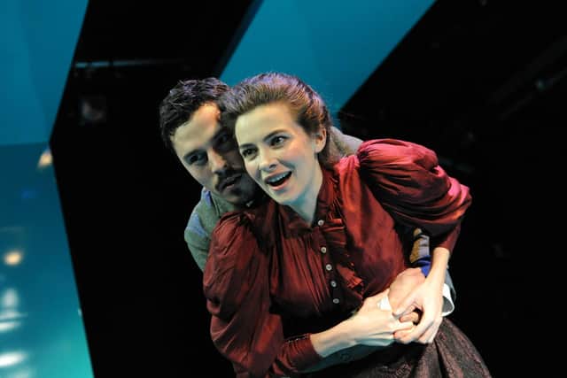 Sara Vickers as Maia and Philip Correia as Baron Ulfeim in Judgement Day play at The Print Room Theatre, London, 2011.