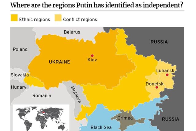 The map shows the areas Putin considers independent.