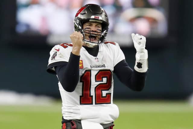 Tampa Bay Buccaneers quarterback Tom Brady reacts after winning the NFC championship game against the Green Bay Packers. Picture: Matt Ludtke/AP