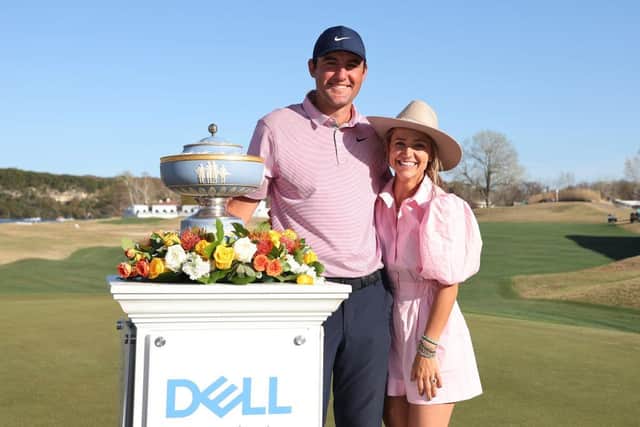 Scottie Scheffler poses with his wife Meredith after wnning the World Golf Championships-Dell Technologies Match Play at Austin Country Club in Texas. Picture: Gregory Shamus/Getty Images.