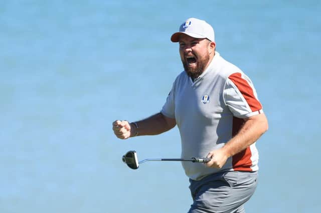 Shane Lowry celebrates on the third green during the Saturday afternoon fourballs in the the 43rd Ryder Cup at Whistling Straits. Picture: Mike Ehrmann/Getty Images.