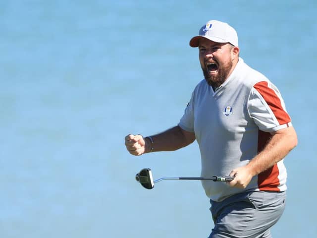 Shane Lowry celebrates on the third green during the Saturday afternoon fourballs in the the 43rd Ryder Cup at Whistling Straits. Picture: Mike Ehrmann/Getty Images.