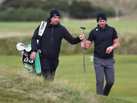 Danny Willett and caddie Jonathan Smart during a practice round for the Alfred Dunhill Links Championship at Kingsbarns Golf Links. Picture: Matthew Lewis/Getty Images.