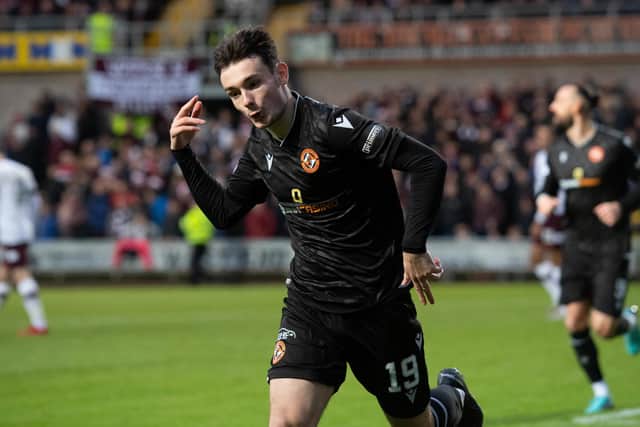 Dylan Levitt put Dundee United 2-1 up against Hearts at Tannadice.