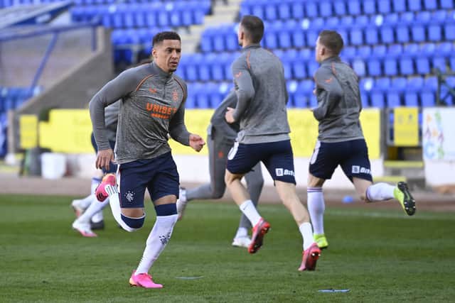James Tavernier warms up during a Scottish Premiership match between St Johnstone and Rangers at McDiarmid Park, on April 21, 2021, in Perth, Scotland. (Photo by Rob Casey / SNS Group)