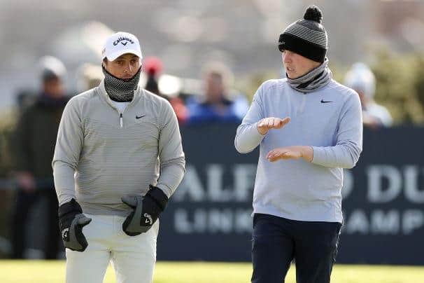 Bob MacIntyre talks with Francesco Molinari during their round on the Old Course at St Andrews. Picture: Richard Heathcote/Getty Images.