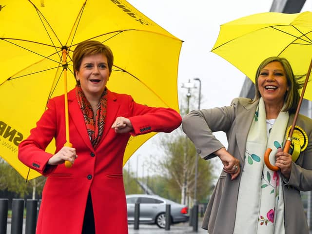 Scotland's First Minister Nicola Sturgeon (L) congratulates SNP candidate Kaukab Stewart after she was elected MSP for Glasgow Kelvin. Picture: Andy Buchanan/AFP via Getty Images