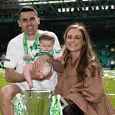 Former Celtic midfielder Tom Rogic, pictured with his wife and daughter after his final match at Celtic Park on May 14 last year, has retired from football to focus on his family.  (Photo by Craig Williamson / SNS Group)