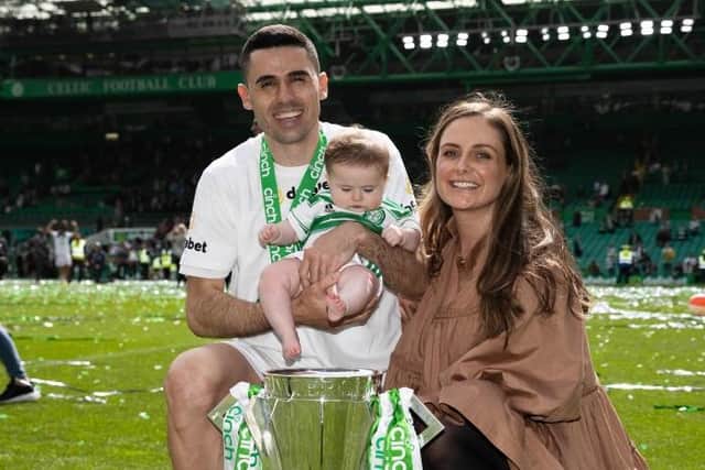 Former Celtic midfielder Tom Rogic, pictured with his wife and daughter after his final match at Celtic Park on May 14 last year, has retired from football to focus on his family. (Photo by Craig Williamson / SNS Group)