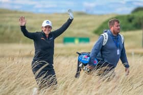 Michele Thomson has a bit of fun during a practice round for the AIG Women's Open at Muirfield. Picture: Tristan Jones/LET