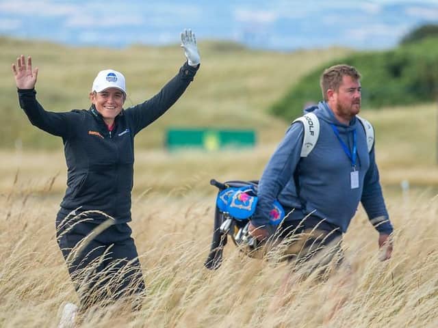 Michele Thomson has a bit of fun during a practice round for the AIG Women's Open at Muirfield. Picture: Tristan Jones/LET