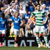 Celtic defender Yuki Kobayahsi looks on during a difficult afternoon for the champions at Ibrox.