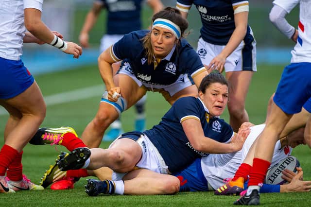 Emma Wassell, in the headband, in action for Scotland during last year's draw with France in the Women's Six Nations at Scotstoun. Picture: Bill Murray/SNS