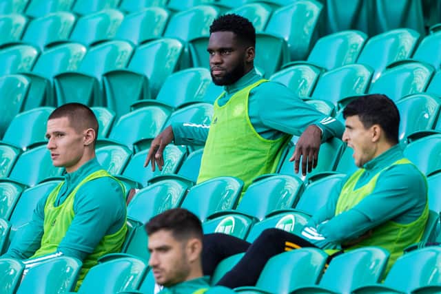 Odsonne Edouard watches Celtic's win over Livingston from the bench. Picture: Craig Williamson / SNS