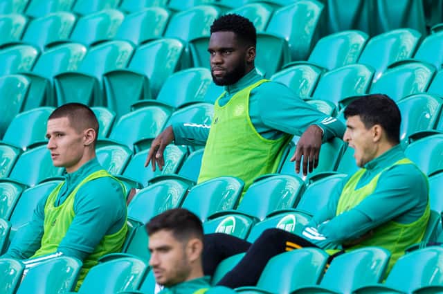 Odsonne Edouard watches Celtic's win over Livingston from the bench. Picture: Craig Williamson / SNS