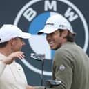 Rory McIlroy shares a laugh with Gareth Bale during the BMW PGA Championship Pro-Am at Wentworth Club last week. Picture: Richard Heathcote/Getty Images.