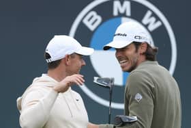 Rory McIlroy shares a laugh with Gareth Bale during the BMW PGA Championship Pro-Am at Wentworth Club last week. Picture: Richard Heathcote/Getty Images.