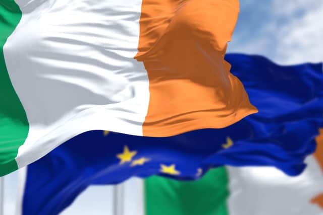 The national flag of Ireland waving in the wind with the European Union flag. Picture: Getty Images