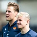 Wingers Duhan van der Merwe (L) and Darcy Graham during an Edinburgh Rugby open training session.