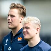 Wingers Duhan van der Merwe (L) and Darcy Graham during an Edinburgh Rugby open training session.