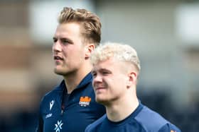 Wingers Duhan van der Merwe (L) and Darcy Graham during an Edinburgh Rugby open training session.