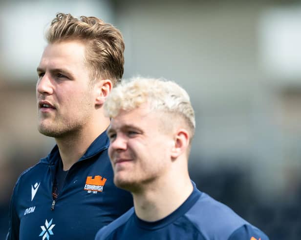 Wingers Duhan van der Merwe (L) and Darcy Graham during an Edinburgh Rugby open training session.