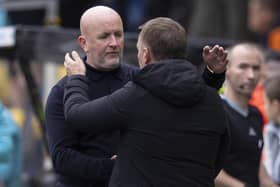 Livingston manager David Martindale embraces Celtic counterpart Brendan Rodgers after the 3-0 defeat. (Photo by Ross MacDonald / SNS Group)