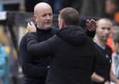 Livingston manager David Martindale embraces Celtic counterpart Brendan Rodgers after the 3-0 defeat. (Photo by Ross MacDonald / SNS Group)