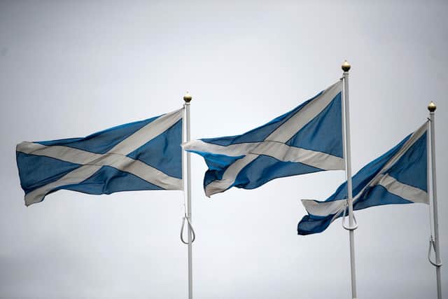 Scottish Saltire flags flutter in the breeze as they mark the border with England, near Berwick-upon-Tweed (Picture: Oli Scarff/AFP via Getty Images)